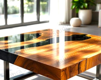 Square Epoxy Resin Coffee Table | Live Edge Wood, Black Gloss Flow Art, Modern Design