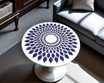 Mesa de comedor hecha a mano con incrustaciones de mármol blanco: Pietra Dura Art