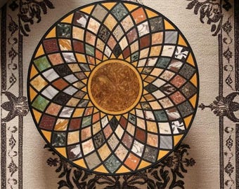 Handcrafted Round Marble Coffee Table: Semi-Precious Stone Inlay Art