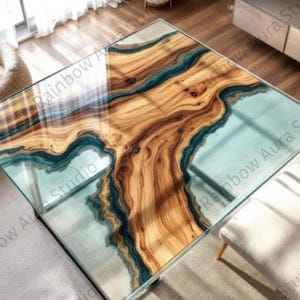 May include: Square coffee table with a clear glass top, showcasing a wood grain design with blue resin accents. The table is surrounded by a light-colored rug, a woven chair, and a modern sofa. The table measures approximately 40 inches by 40 inches.