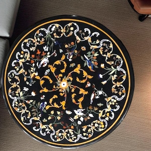 Black Marble Coffee Table with Pietra Dura Inlay: Handmade Luxury Decor