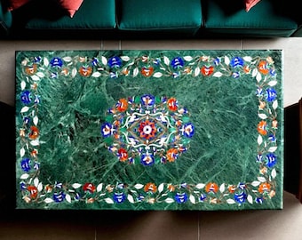 Green Marble Dining Table Top: Pietra Dura Inlay, Semi-Precious Stones