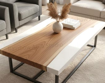 Mesa de centro moderna de resina epoxi blanca / Mesa de centro de resina de madera natural / Muebles de sala de estar personalizados