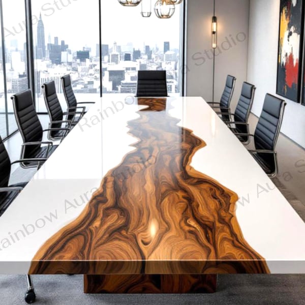 Executive White Epoxy Conference Table | Luxury White Resin With Wood Epoxy Office Desk | Handmade Modern Minimalist Boardroom Furniture