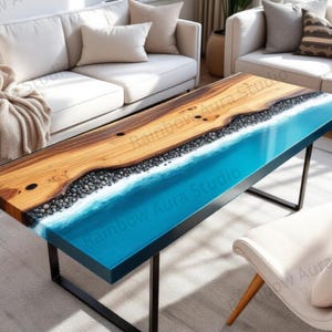 Handmade Blue Epoxy Resin Coffee Table | Live Edge Wood, Ocean Waves