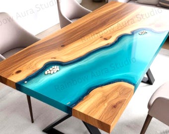 Mesa de comedor artesanal de resina epoxi marina / Madera con borde natural