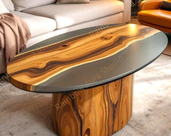 Mesa de centro oval artesanal em resina epóxi: Mesa moderna em madeira maciça com efeito rio.
