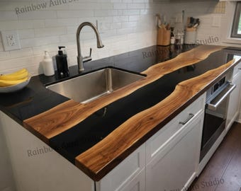 Encimera de cocina minimalista de resina epoxi negra / Fregadero de madera natural de lujo / Mesa de desayuno personalizada
