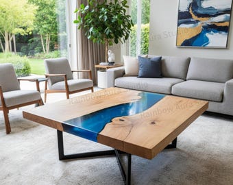 Mesa de centro Live Edge Blue Epoxy River / Centro de mesa de madera natural / Muebles de epoxi personalizados