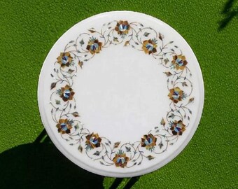 Mesa de centro de mármol blanco con incrustaciones: Arte Pietra Dura hecho a mano