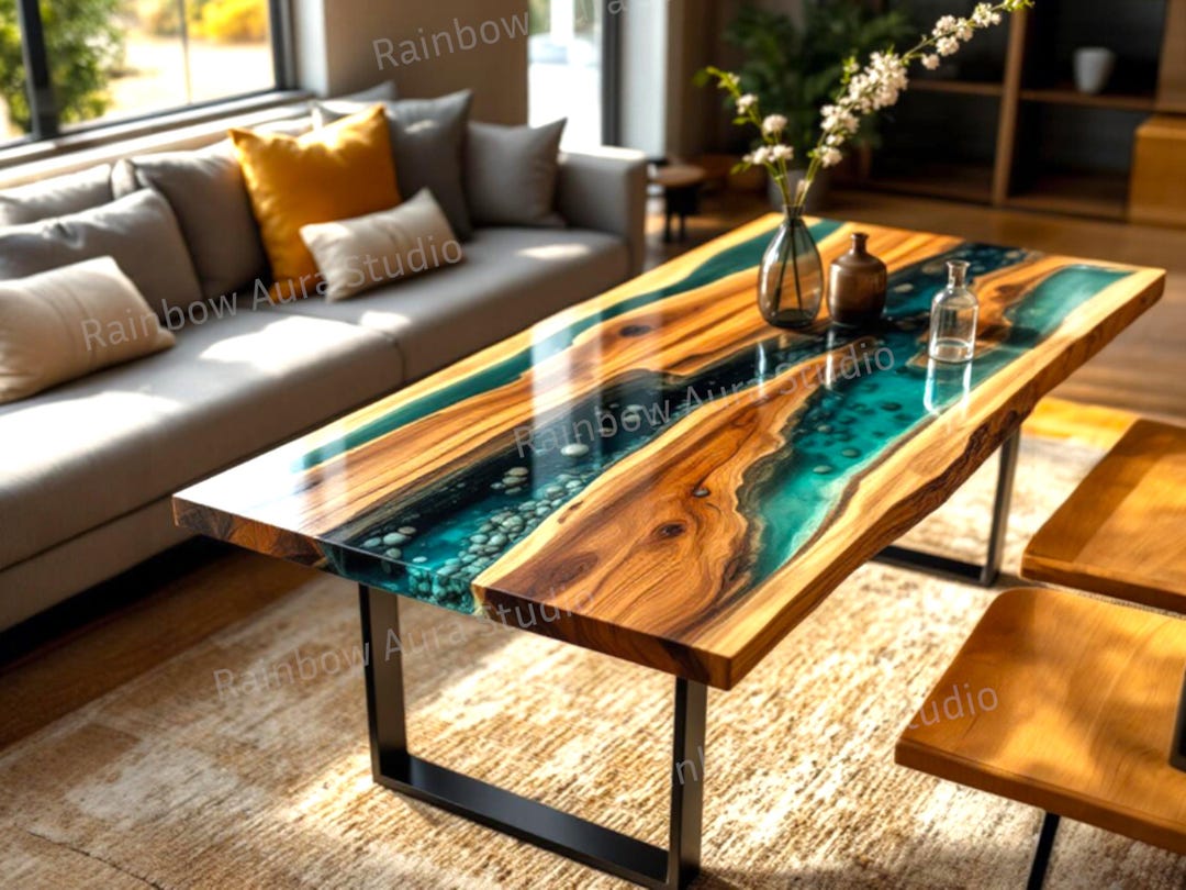 Elegant Teal Epoxy Watery Dinning Table | Custom Pebble Epoxy ...