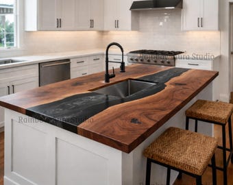 Handmade Black Epoxy River Countertop | Custom Hardwood Kitchen Island