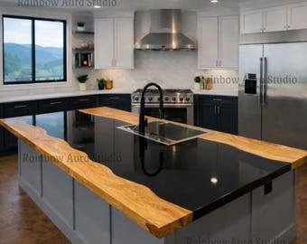 Isla de cocina de resina negra hecha a mano / Encimera de madera de río, mesa de comedor personalizada