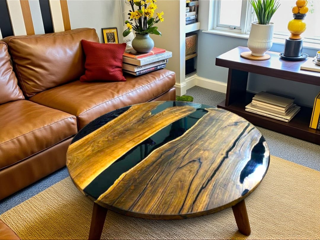 Handmade Black Epoxy Resin Wood Coffee Table | Round Modern Accent - Etsy