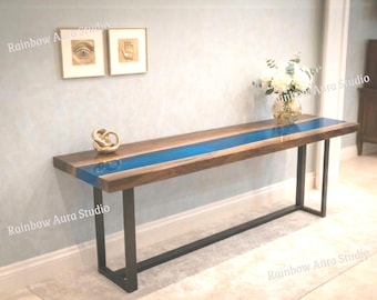 Natural Wood Blue Epoxy River Console Table | Live Edge Entryway Furniture