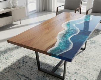 Handcrafted Blue Epoxy Resin Ocean Wave Dinning Table | Natural Wood Living Room Table Furniture