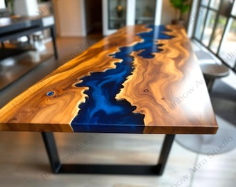 Handmade Blue Resin River Dining Table: Live Edge Wood