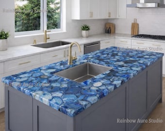 Blue Agate Kitchen Countertop | Custom Luxury Island, Dining Table, Gemstone Worktop