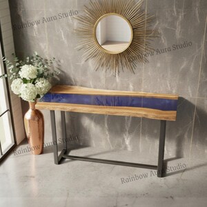 Designer Live Edge träkonsolbord i blått epoxi | Modernt hall- och foajébord