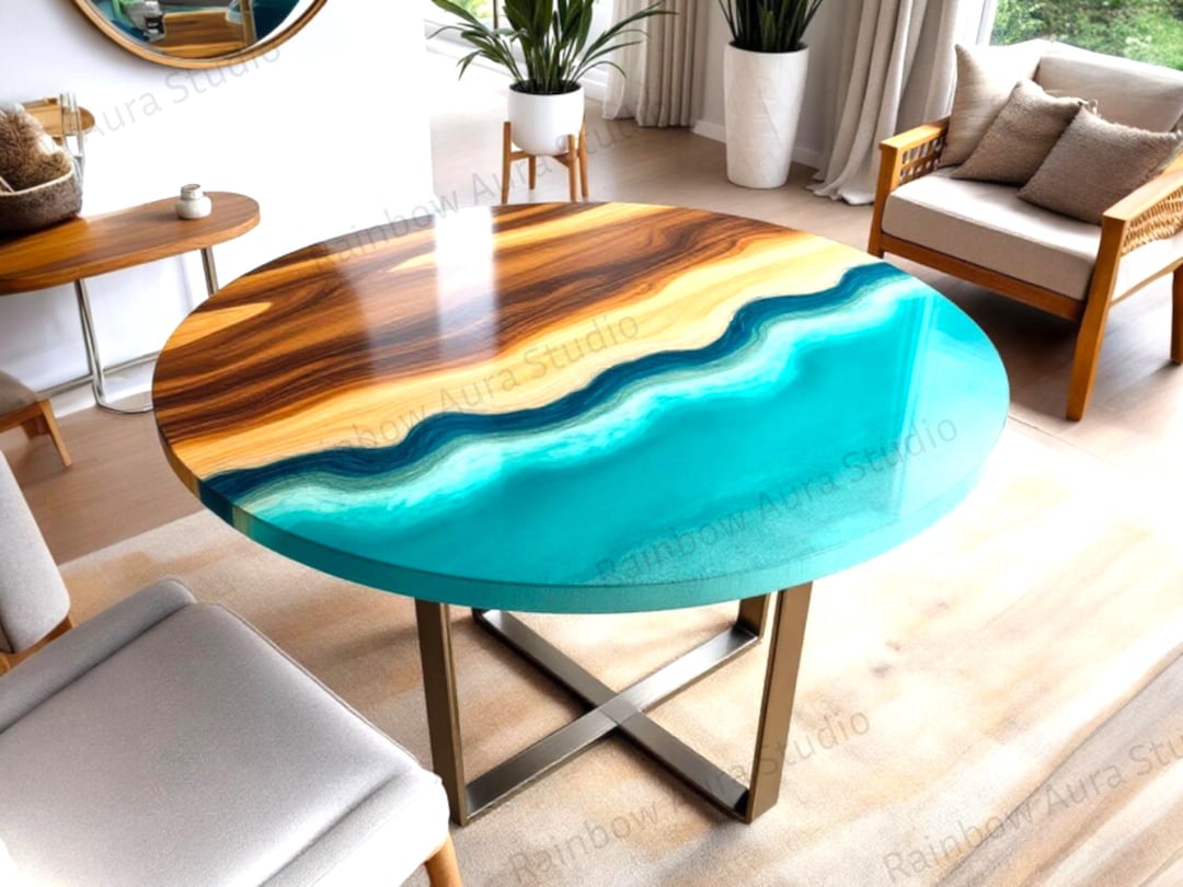 Artisan Round Ocean Resin Coffee Table | Live Edge Wood With Teal Water ...