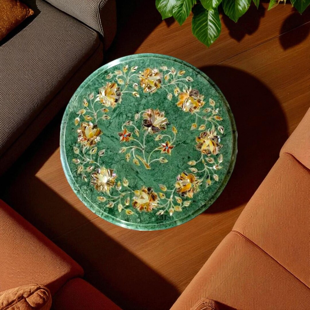 Custom Green Marble Luxury Round Coffee Table Top Semiprecious Stone — free download