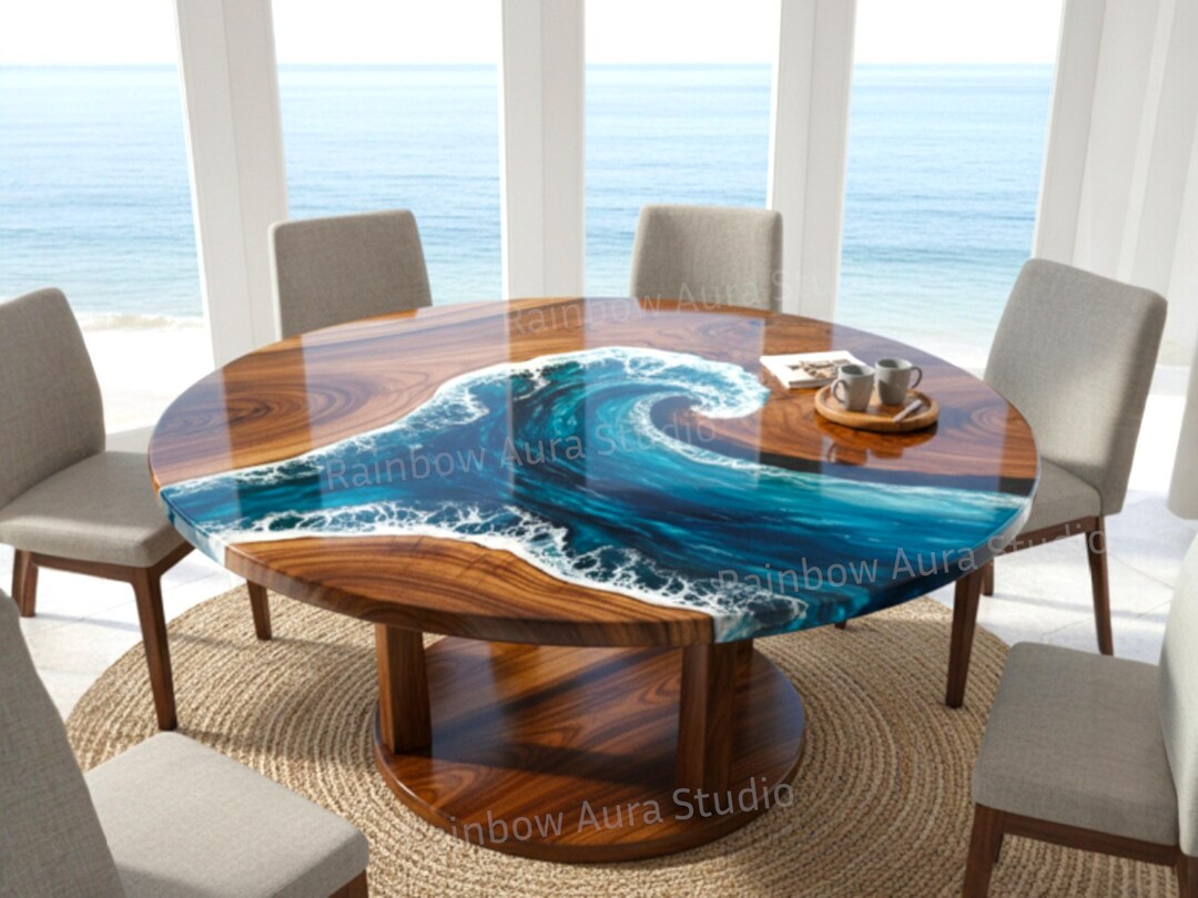 Ocean Wave Epoxy Resin Dining Table | Live Edge Wood Centerpiece ...