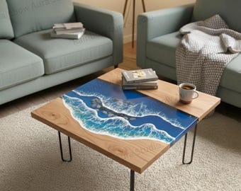 Ocean Wave Epoxy Salontafel | Hout met natuurlijke rand, moderne meubels