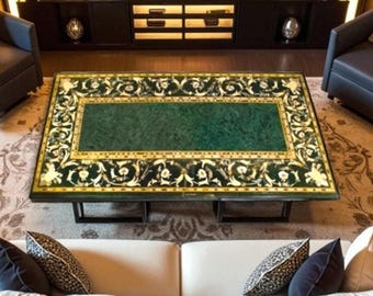 Green Marble Dining Table Top: Pietra Dura Inlay, Handmade Artisan Centerpiece