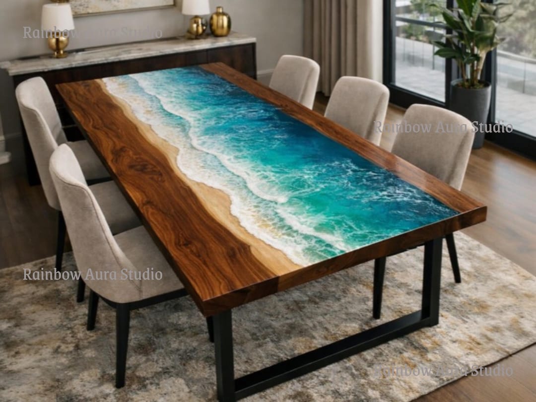 Ocean Wave Epoxy Resin Dining Table | Handmade Luxury Wood Art Table - Etsy