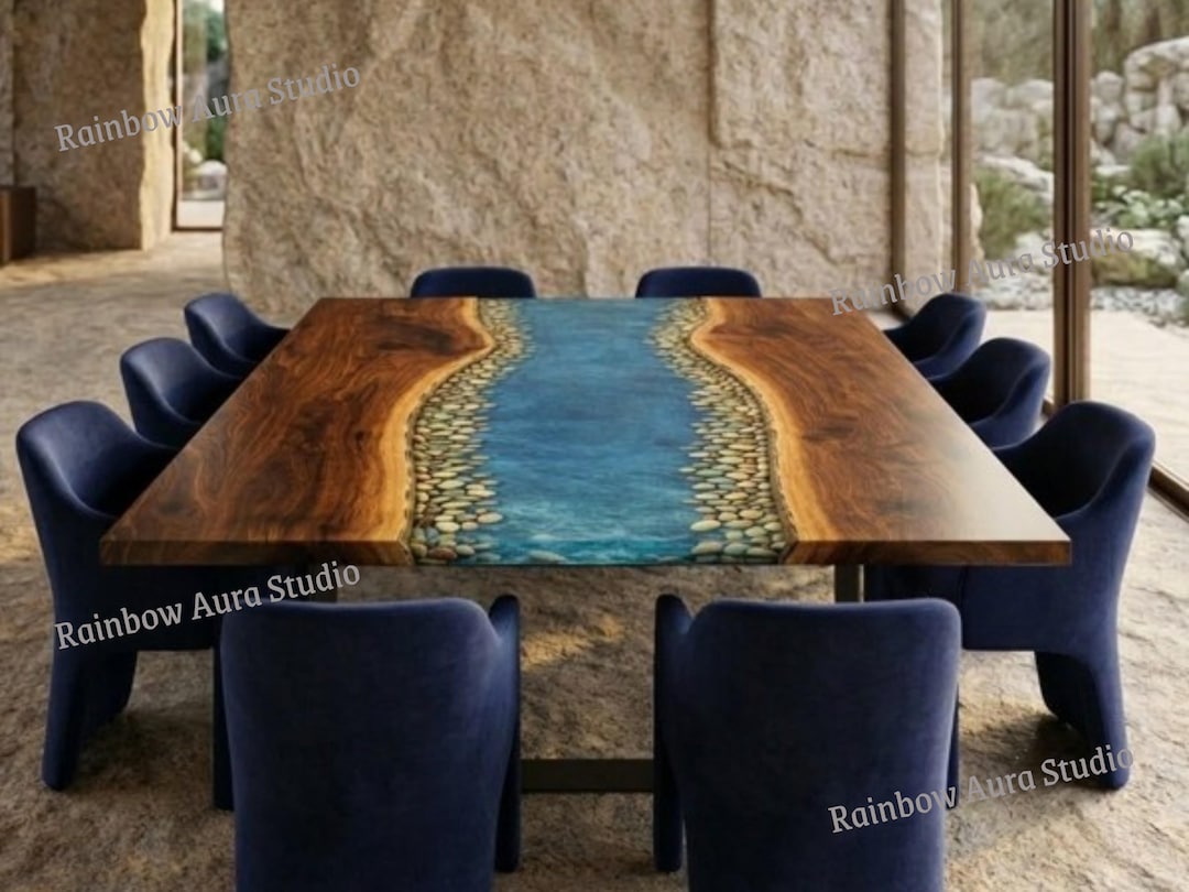 Handmade Epoxy Resin River Dining Table | Natural Wood Stone Inlay ...