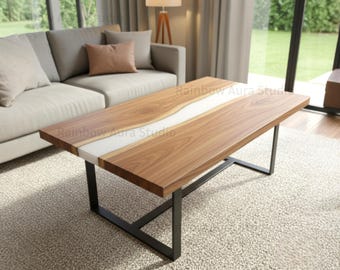 Mesa de centro personalizada de epoxi blanco / Centro de mesa de madera natural / Mesa de centro moderna para sala de estar