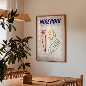May include: A framed print featuring the word "MIREPOIX" in blue above a colorful illustration of vegetables. The illustration includes a red carrot, a yellow onion, and green celery. The artwork is displayed on a light-colored wall.