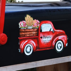 Mailbox Magnet Partial Cover, Personalized Vintage Red Ford Chevy Truck with Florals, Small Flower Pots Option for Door of Mail Box
