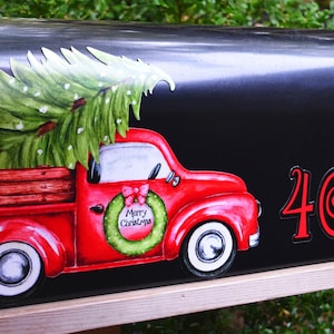 Mailbox Magnet Partial Cover Red Vintage Ford Chevy Truck Christmas Tree with Address Numbers Holiday Wreath for Mail Box Car Metal Door