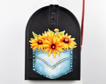 Mailbox Magnet Partial Cover Brown Black Eyed Susan Daisy Bouquet in a Denim Pocket for Door of Mail Box Not A Decal Its a Magnet