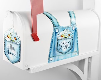 Mailbox Magnet Partial Cover Blue Denim Overalls with Pocket full of Daisies Personalized Address for Standard Size Mailbox easy to apply!