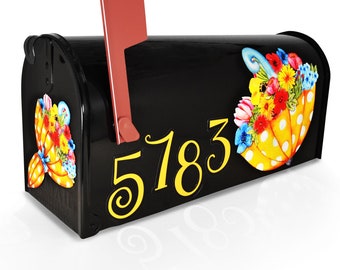 Mailbox Magnet Partial Cover Yellow Umbrella with Polka Dots & Flowers for a Black Mail Box April Showers Bring May Flowers Custom Address