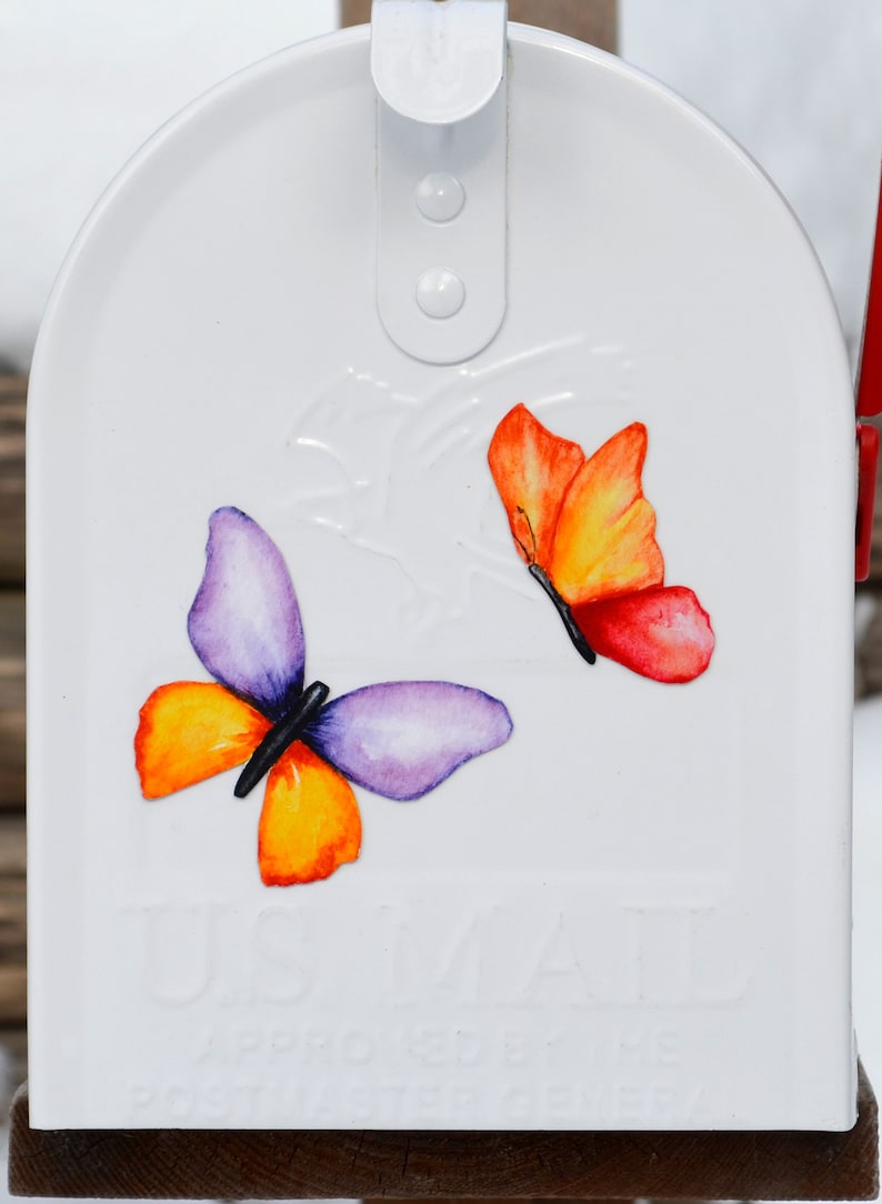 May include: White metal mailbox featuring a decorative design of two butterflies. The butterflies are painted in shades of orange, yellow, purple, and red. The mailbox has the text "US MAIL" embossed on the front.