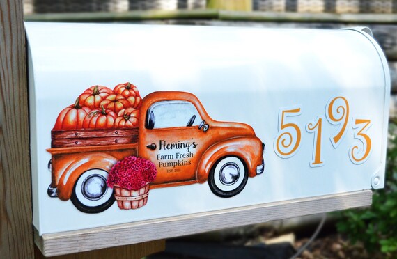 Customizable Vintage Ford Chevy Truck With Pumpkins And Mums Magnetic Personalized Name Address Numbers Fall Decorations For Mail Box