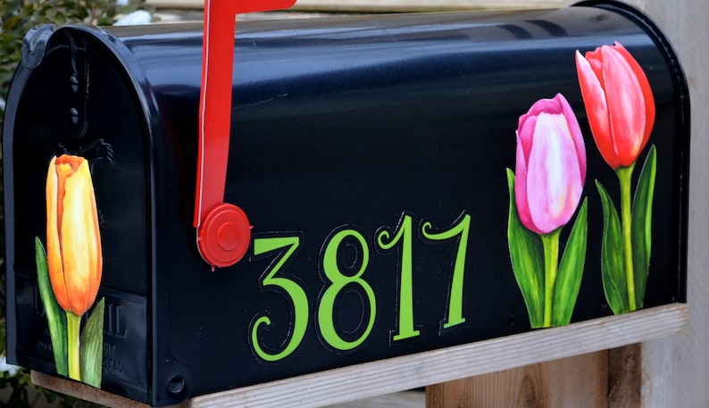 Mailbox Magnet Partial Cover Spring Tulips Trio Custom Address Numbers Personalized for Black Mail Box Not a Decal or a Cover Its Magnets image 1
