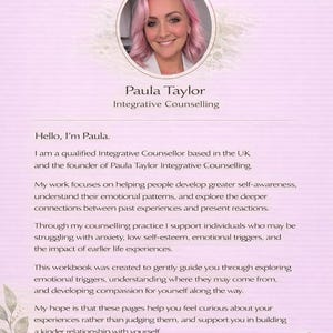 May include: Promotional graphic for Paula Taylor Integrative Counselling. The image shows Paula Taylor's photo, pink hair, and text detailing her counselling services. The background is a soft pink with floral and butterfly accents. The text includes her name and practice.