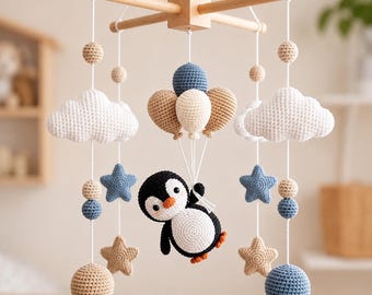 Gehaakte pinguïn baby mobiel, heteluchtballon wieg mobiel, wolk ster kinderkamer decor, handgemaakt kraamcadeau