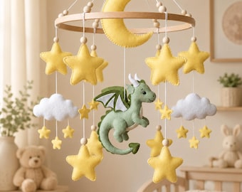 Giostrina per culla con drago, giostrina per culla con luna e stelle, decorazione per cameretta con drago in feltro, giostrina per culla con nuvole, regalo fatto a mano per baby shower