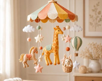 Carousel Baby Mobile Cribs, Felt Giraffe Crib Mobile, Circus Nursery Decor, Horse Bunny Hot Air Balloon Baby Shower Gift