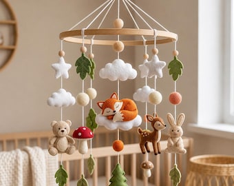 Woodland Baby Mobile Cribs, Felt Crib Mobile, Handmade Nursery Decor, Neutral Baby Shower Gift, Soft Animal Hanging Mobile