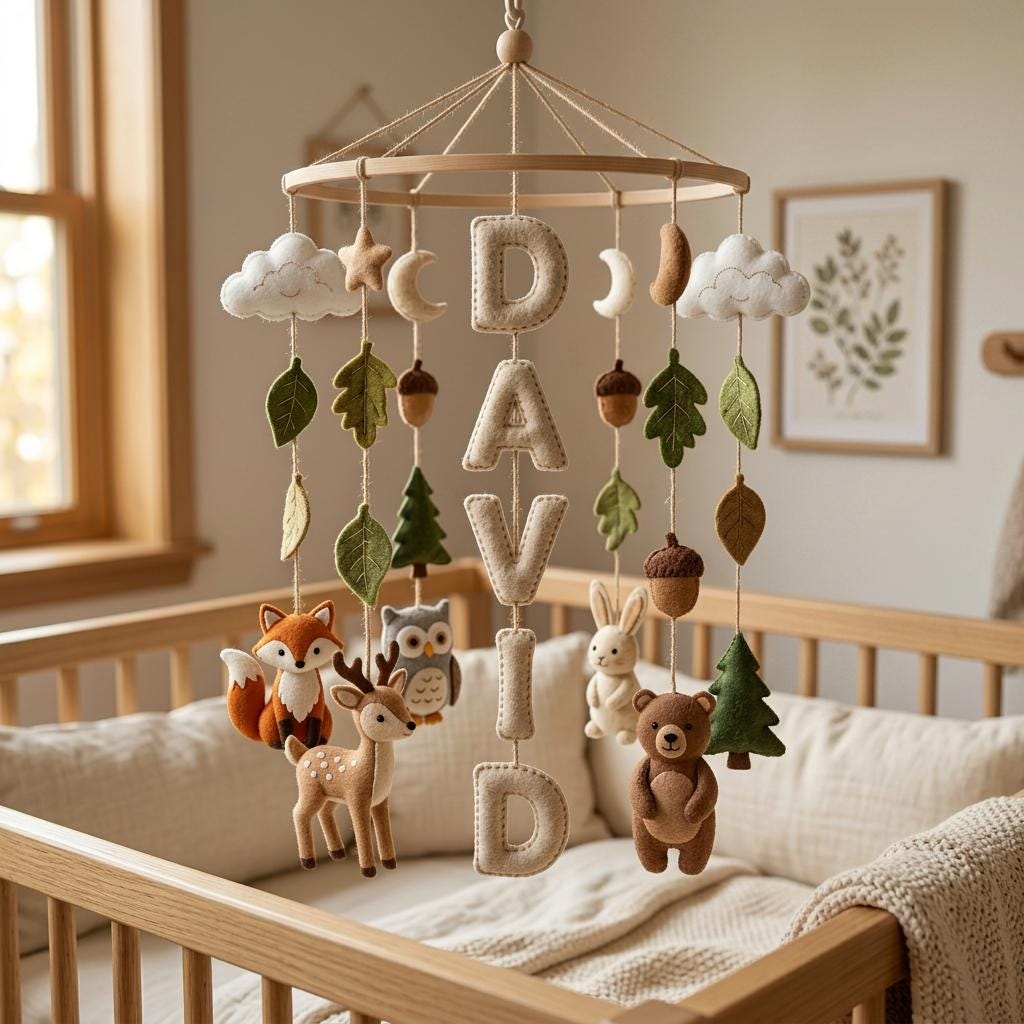 Custom Name Baby Mobile Cribs, Felt Crib Mobile, Handmade Nursery Decor, Neutral Baby Shower Gift, Soft Animal Hanging Mobile