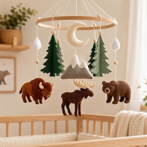 Woodland Mountain Baby Mobile, Bison Moose Bear Crib Mobile, Felt Forest Nursery Decor, Handmade Baby Shower Gift