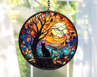 丸型ステンドグラス猫サンキャッチャー窓吊り下げ装飾、ガラスアクリル