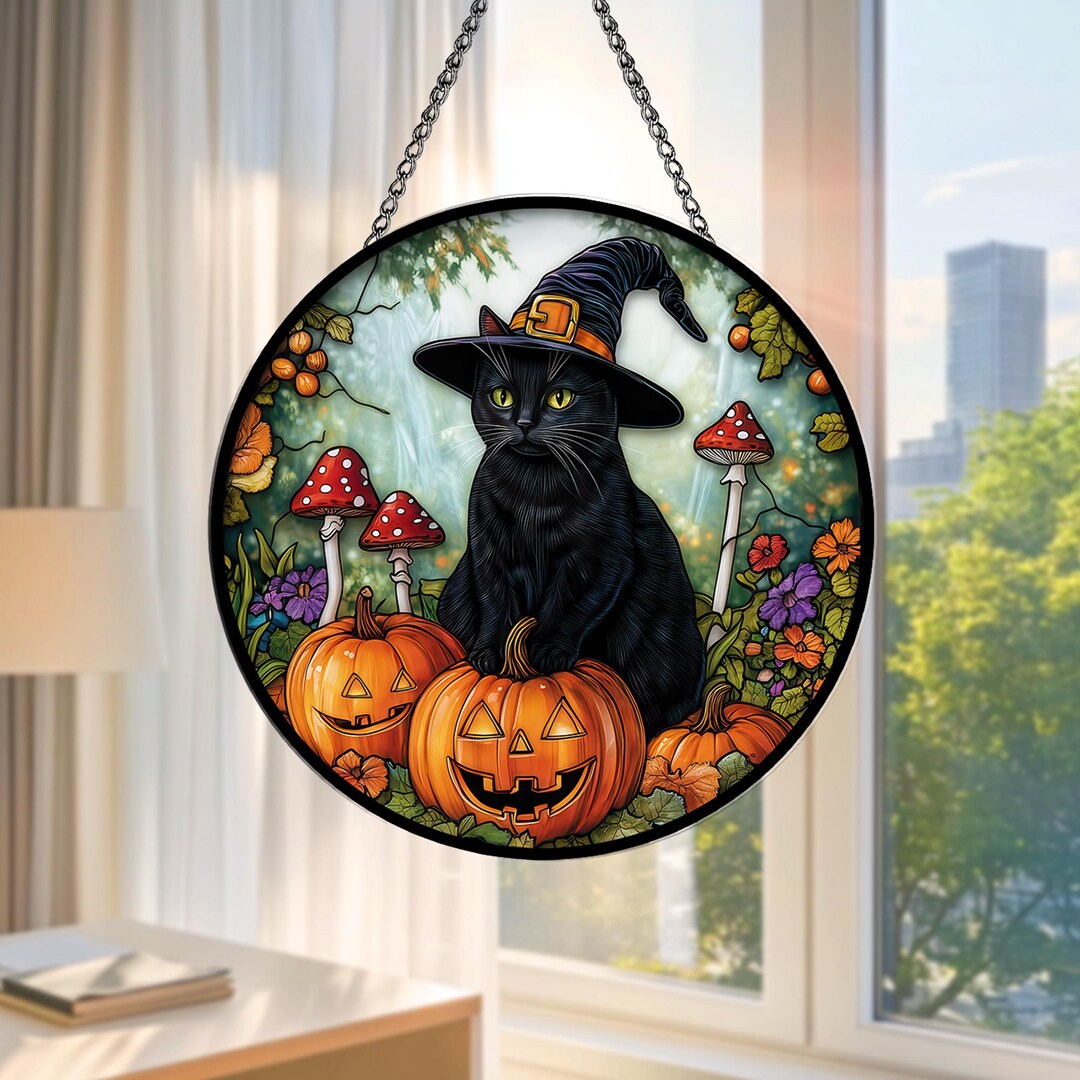 Halloween Black Cat Stained Glass Suncatcher, Witch Cat With Pumpkin ...