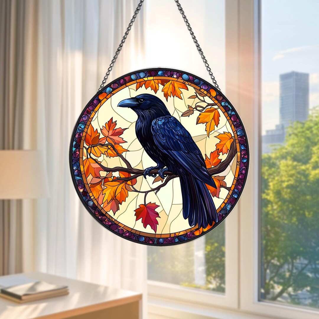 Raven Window Frame Glass Suncatcher Acrylic Raven Window Hanging Decoration for Home Decor ...